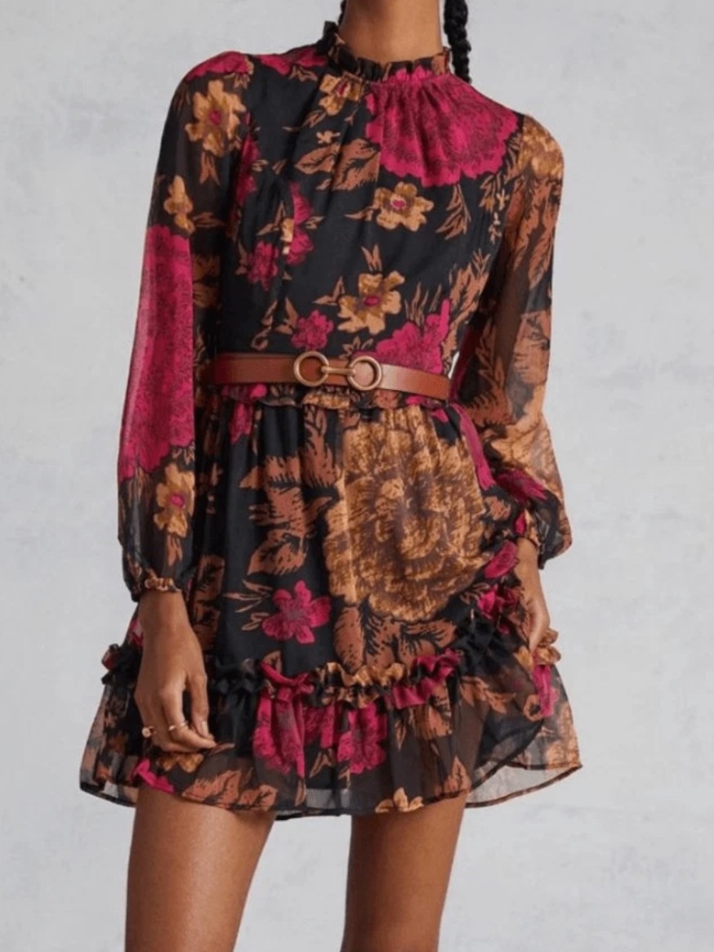Porridge Anthropologie Ruffled Floral Mini Dress in Black & Pink XS